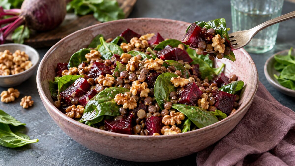 Linsen-Rote-Bete-Bowl mit Walnüssen