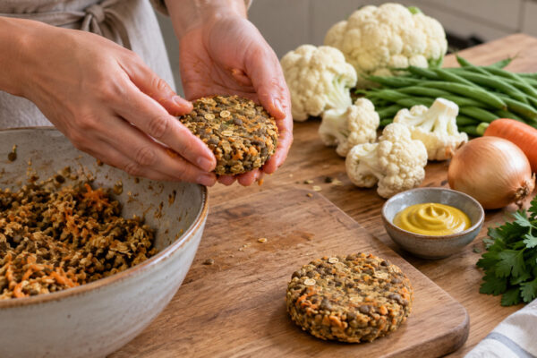 Linsenbratlinge mit Blumenkohlstampf und grünen Bohnen: Verwendete Zutaten und nachvollziehbare Vorbereitung.