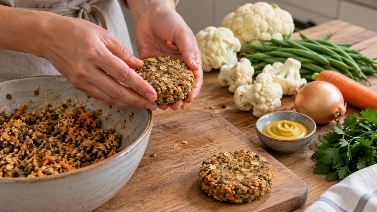 Linsenbratlinge mit Blumenkohlstampf und grünen Bohnen: Verwendete Zutaten und nachvollziehbare Vorbereitung.