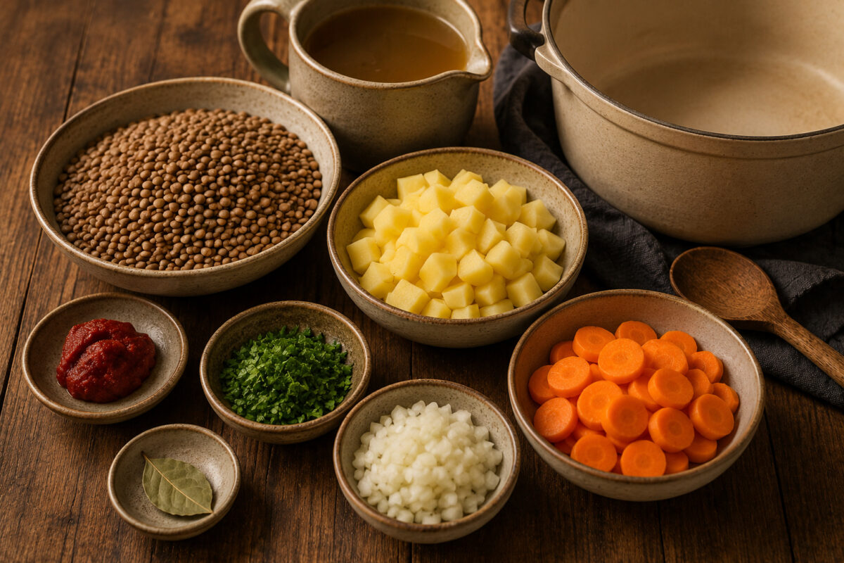 Zutaten- und Vorbereitungsansicht mit braunen Linsen, gewürfelten Kartoffeln, Möhrenscheiben, Zwiebel, Petersilie, Tomatenmark, Gemüsebrühe und Lorbeerblatt.