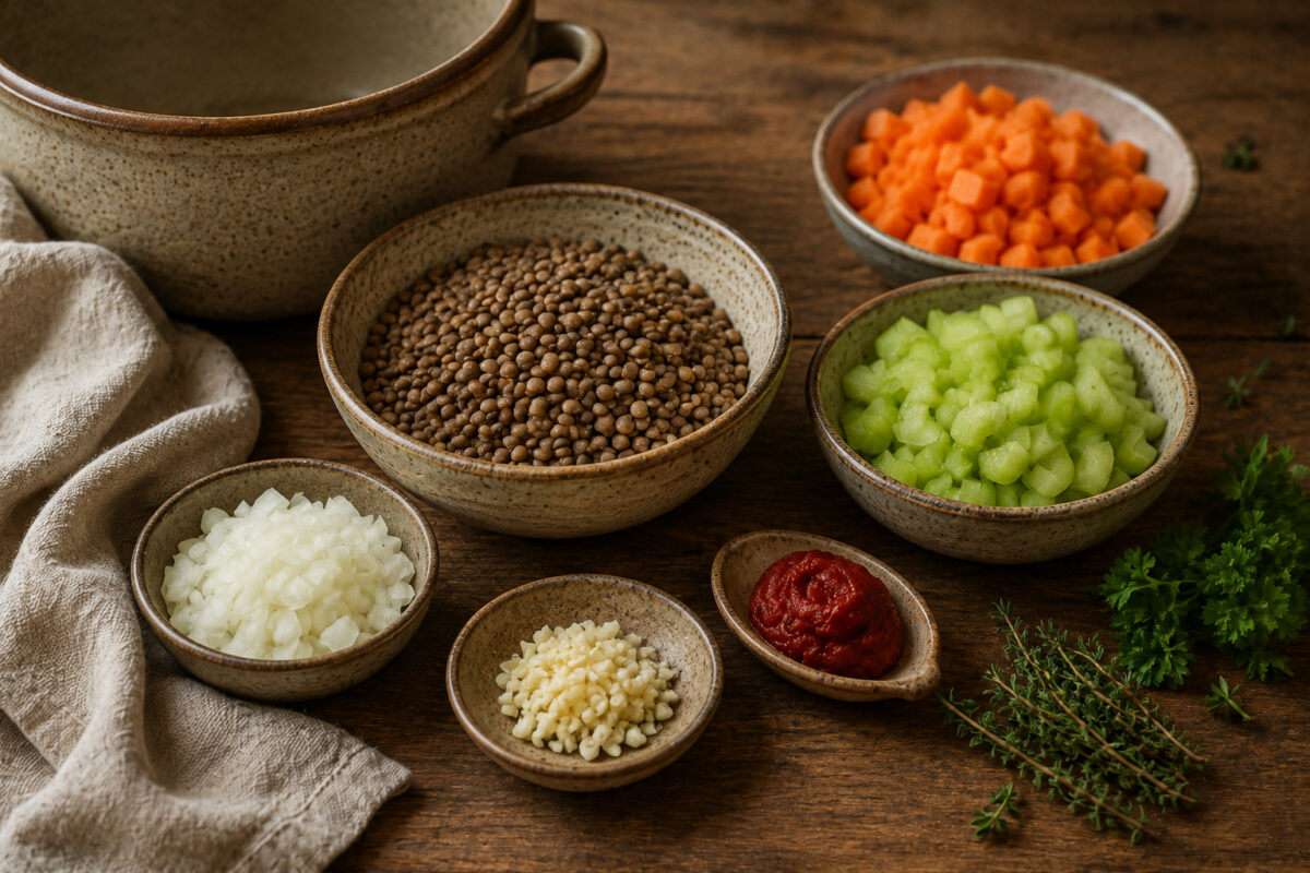 Zutaten- und Vorbereitungsansicht mit Linsen, gewürfelten Karotten, Sellerie, Zwiebel, Knoblauch, Tomatenmark und Kräutern.