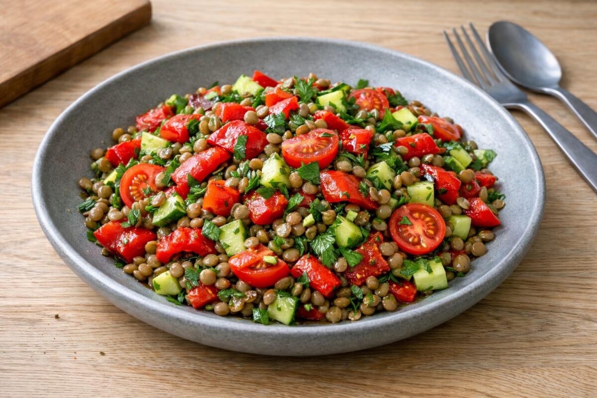 Hauptansicht des fertigen Gerichts. Rezept: Linsensalat mit gerösteter Paprika und Petersilie