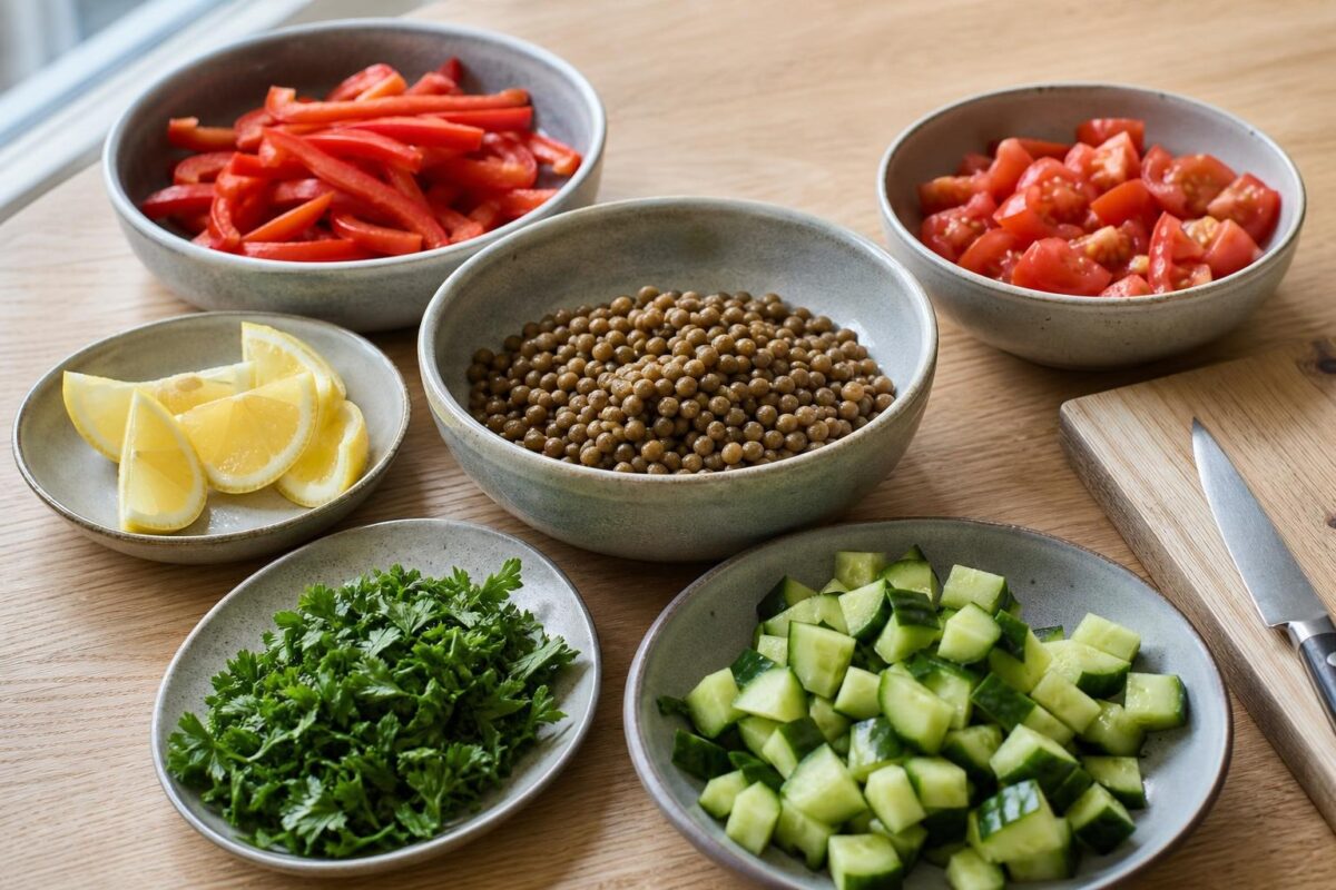 Zutaten- und Vorbereitungsansicht. Rezept: Linsensalat mit gerösteter Paprika und Petersilie