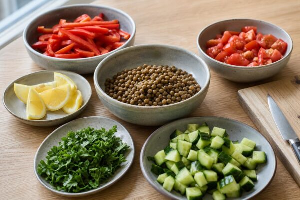 Zutaten- und Vorbereitungsansicht. Rezept: Linsensalat mit gerösteter Paprika und Petersilie