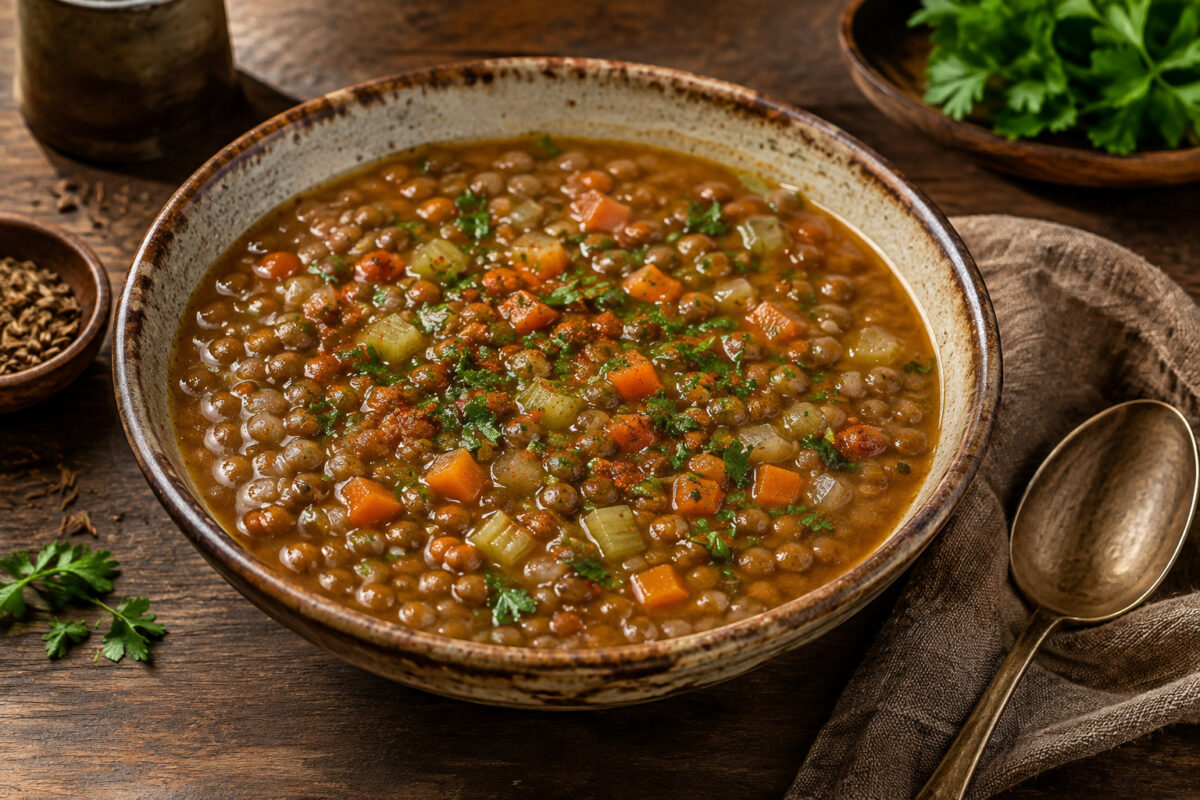 Fertige Linsensuppe mit Kreuzkümmel, Linsen, Möhren, Sellerie und Petersilie in rustikaler Schale; Hauptansicht.