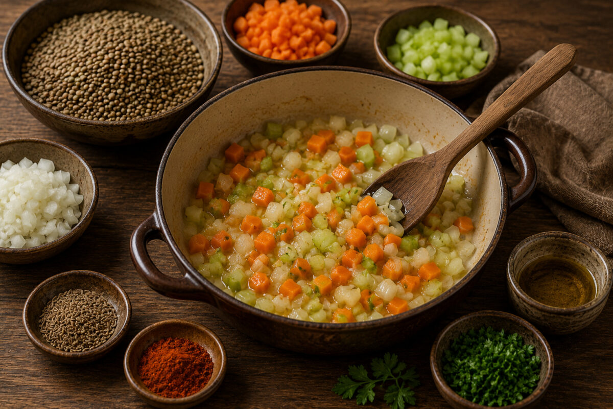 Zutaten- und Vorbereitungsansicht mit Linsen, Möhren, Sellerie, Zwiebel, Kreuzkümmel, Paprika, Petersilie und Olivenöl.