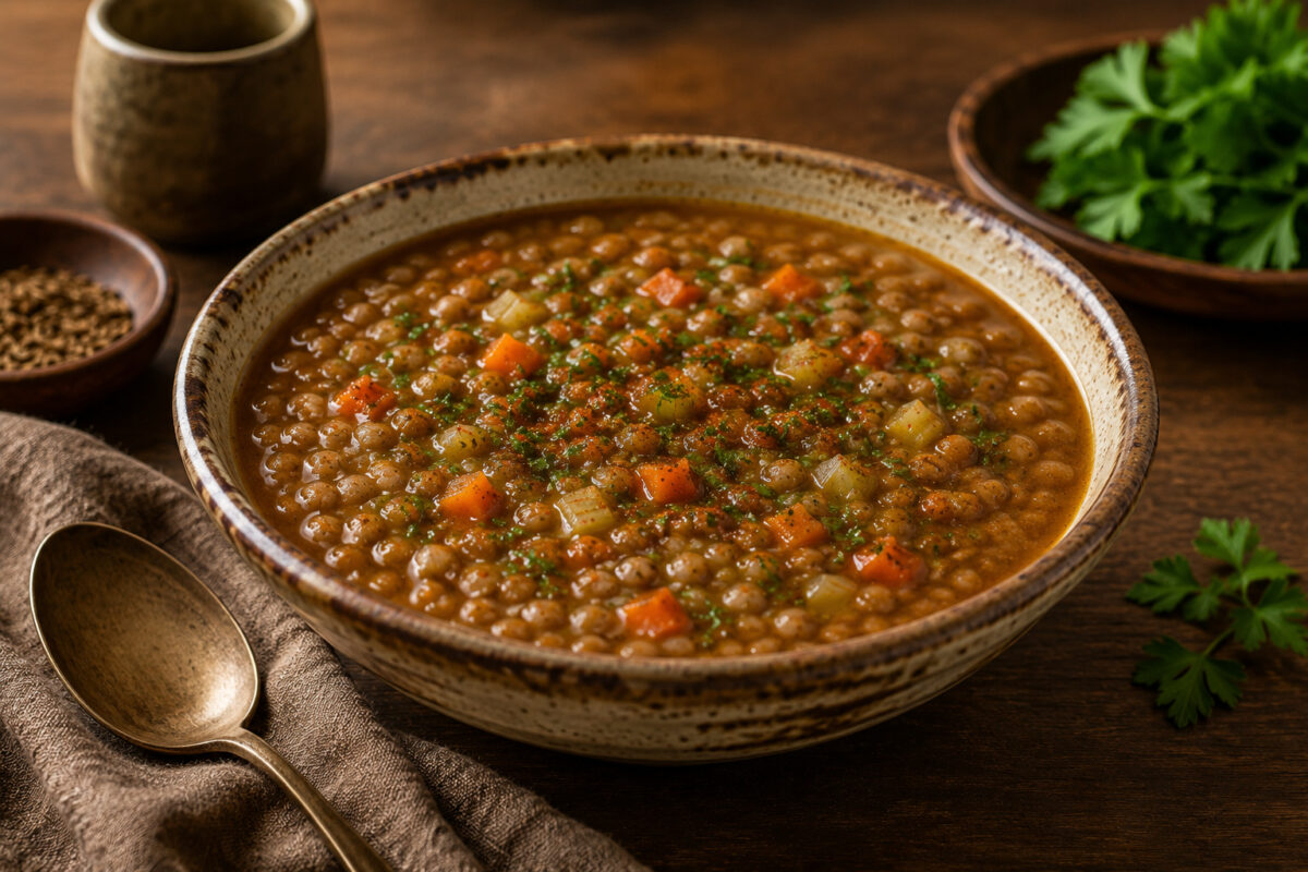 Fertige Linsensuppe mit Kreuzkümmel aus deutlich anderer, niedrigerer Perspektive.