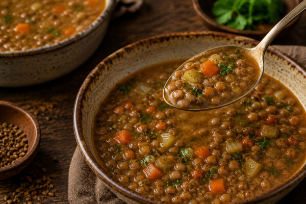 Servier- und Detailansicht der fertigen Linsensuppe mit angehobenem Löffel.
