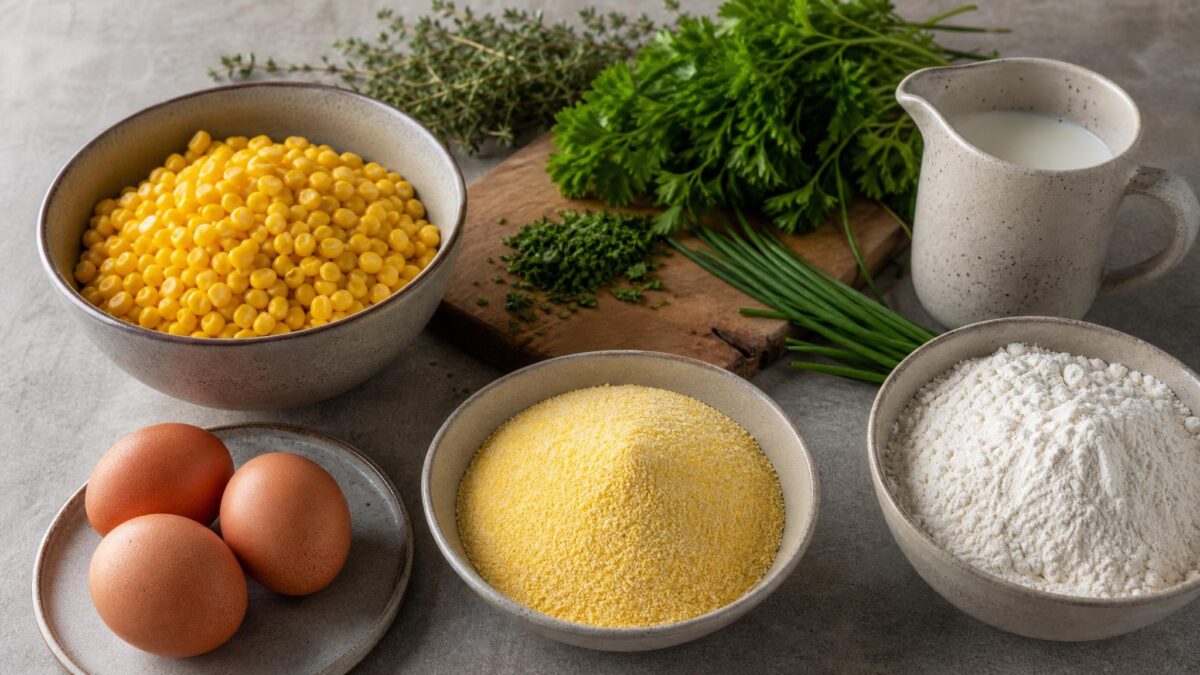 Zutaten- und Vorbereitungsansicht. Rezept: Maisbrot mit Kräutern