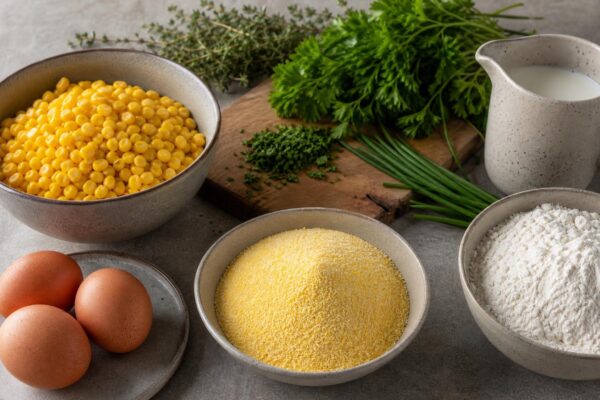 Zutaten- und Vorbereitungsansicht. Rezept: Maisbrot mit Kräutern