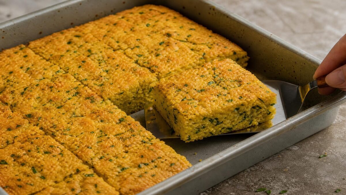 Servierszene mit dem fertigen Gericht. Rezept: Maisbrot mit Kräutern