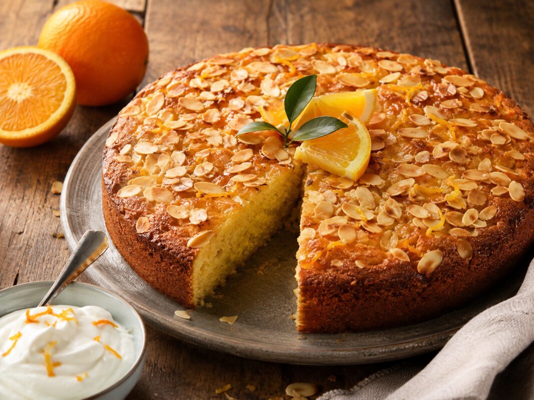 Runder Orangen-Mandel-Kuchen mit herausgeschnittenem Stück, Mandelblättchen obenauf und Orangen als Requisite.