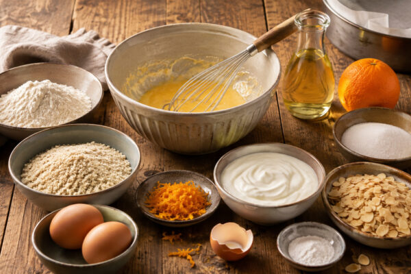 Zutaten- und Vorbereitungsansicht mit Mehl, gemahlenen Mandeln, Zucker, Eiern, Joghurt, Öl, Orange, Mandelblättchen und Backpulver.