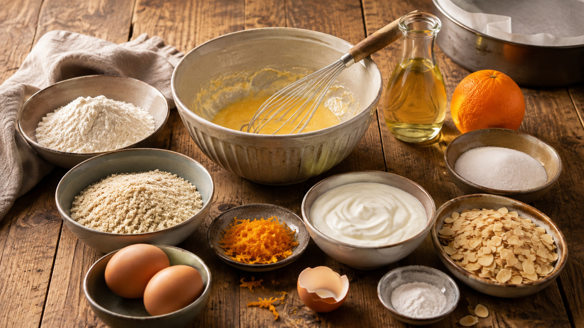 Zutaten- und Vorbereitungsansicht mit Mehl, gemahlenen Mandeln, Zucker, Eiern, Joghurt, Öl, Orange, Mandelblättchen und Backpulver.