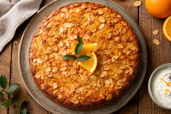 Draufsicht auf den fertigen Mandel-Orangen-Kuchen mit Joghurt und gerösteten Mandelblättchen.