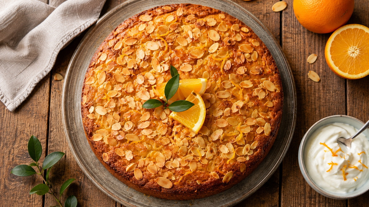 Draufsicht auf den fertigen Mandel-Orangen-Kuchen mit Joghurt und gerösteten Mandelblättchen.