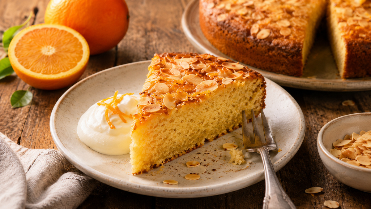Servieransicht eines Stücks Mandel-Orangen-Kuchen mit Joghurt im gleichen rustikalen Set.