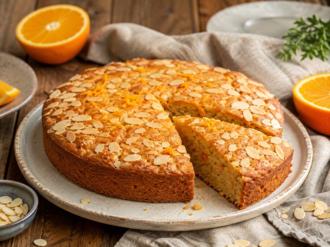 Runder goldbrauner Orangen-Mandel-Kuchen mit Mandelblättchen, eine Ecke angeschnitten, Orangen als Requisite.