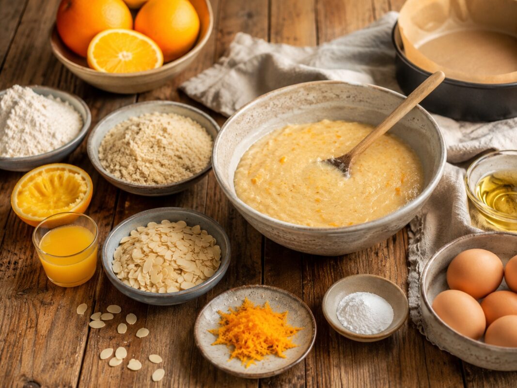 Zutaten- und Vorbereitungsansicht mit Orangen, Orangenabrieb, Mehl, gemahlenen Mandeln, Mandelblättchen, Eiern, Öl und Kuchenteig.