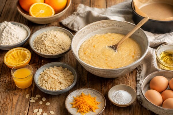 Zutaten- und Vorbereitungsansicht mit Orangen, Orangenabrieb, Mehl, gemahlenen Mandeln, Mandelblättchen, Eiern, Öl und Kuchenteig.