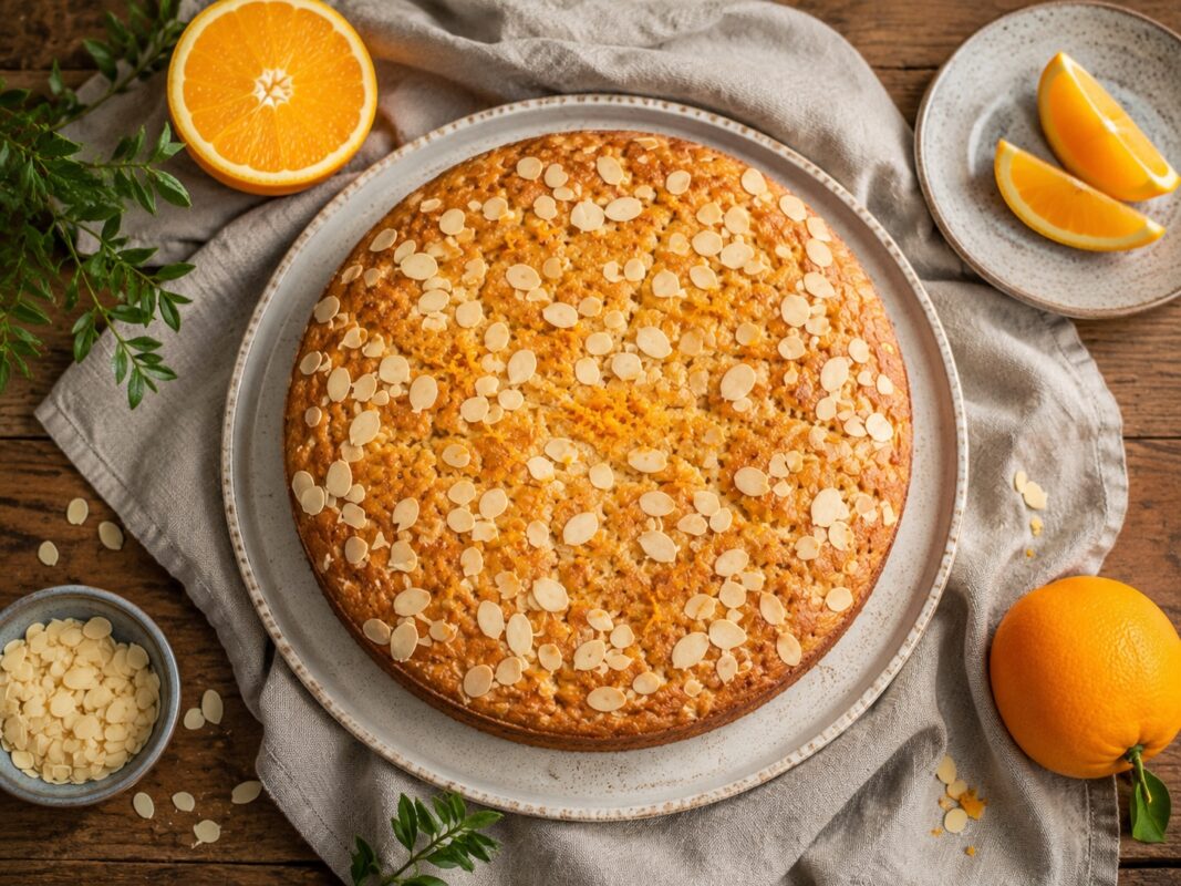 Fertiger Mandel-Orangen-Kuchen ohne Milch als Draufsicht mit Mandelblättchen und Orangenrequisiten.