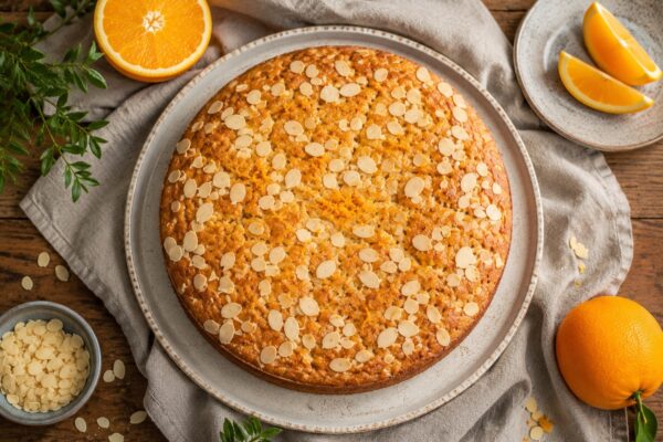 Fertiger Mandel-Orangen-Kuchen ohne Milch als Draufsicht mit Mandelblättchen und Orangenrequisiten.