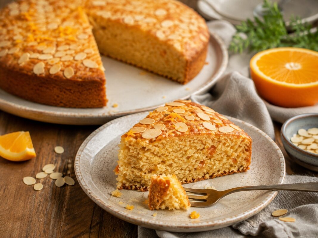 Servieransicht eines angeschnittenen Mandel-Orangen-Kuchens mit einzelner Kuchenportion auf einem Teller.