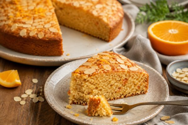 Servieransicht eines angeschnittenen Mandel-Orangen-Kuchens mit einzelner Kuchenportion auf einem Teller.