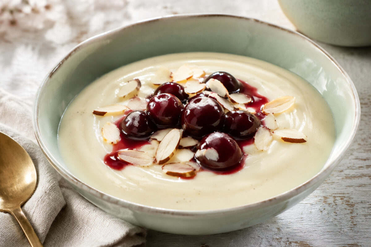 Hauptansicht des fertigen Gerichts. Rezept: Mandel-Vanille-Pudding mit Kirschen
