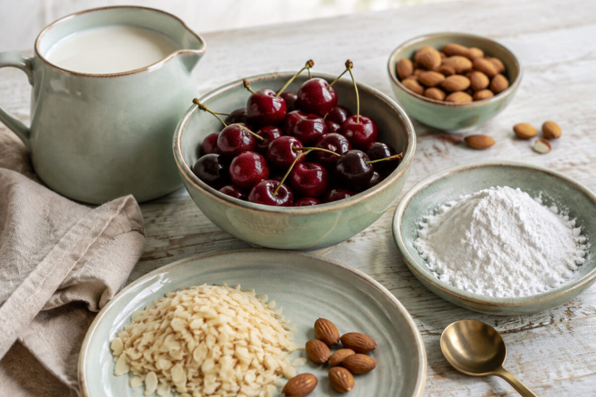 Zutaten- und Vorbereitungsansicht. Rezept: Mandel-Vanille-Pudding mit Kirschen