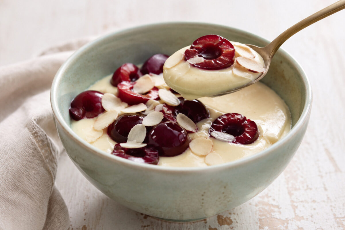 Servierszene mit dem fertigen Gericht. Rezept: Mandel-Vanille-Pudding mit Kirschen