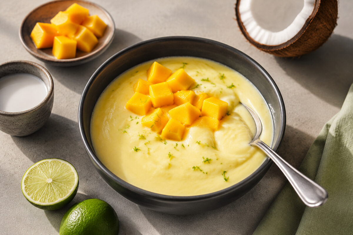 Hauptansicht des fertigen Gerichts. Rezept: Mango-Kokos-Creme mit Limette