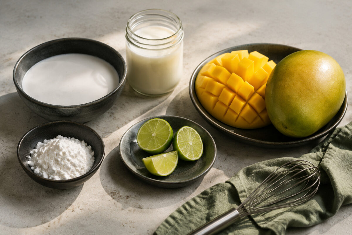 Zutaten- und Vorbereitungsansicht. Rezept: Mango-Kokos-Creme mit Limette
