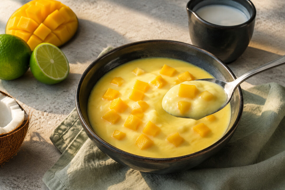 Servierszene mit dem fertigen Gericht. Rezept: Mango-Kokos-Creme mit Limette