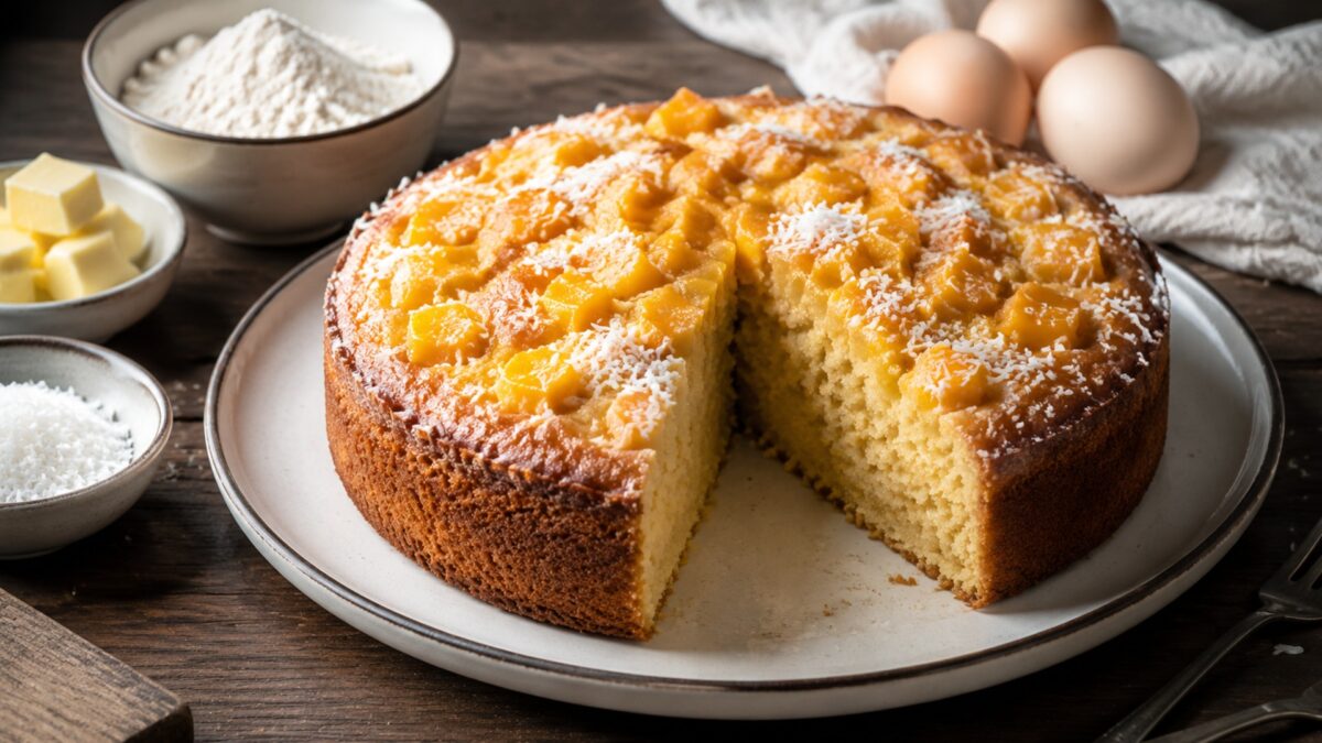 Hauptansicht des fertigen Gerichts. Rezept: Mango-Kokos-Kuchen