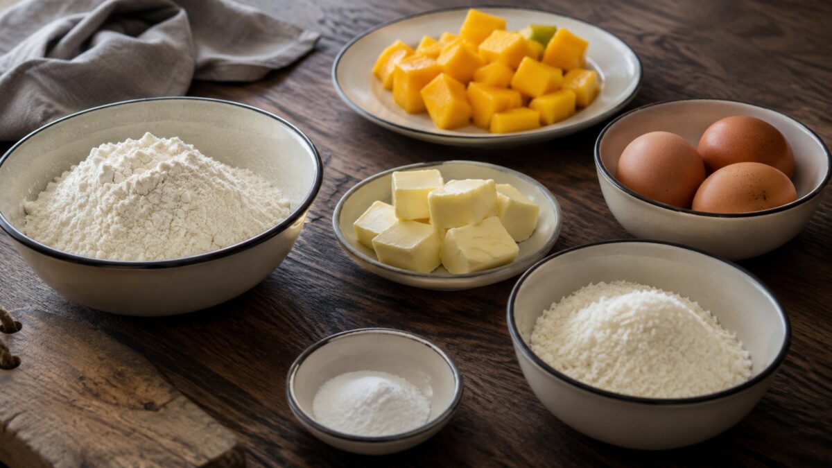 Zutaten- und Vorbereitungsansicht. Rezept: Mango-Kokos-Kuchen