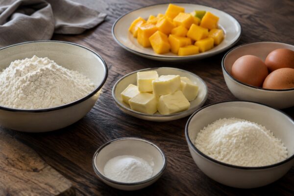 Zutaten- und Vorbereitungsansicht. Rezept: Mango-Kokos-Kuchen
