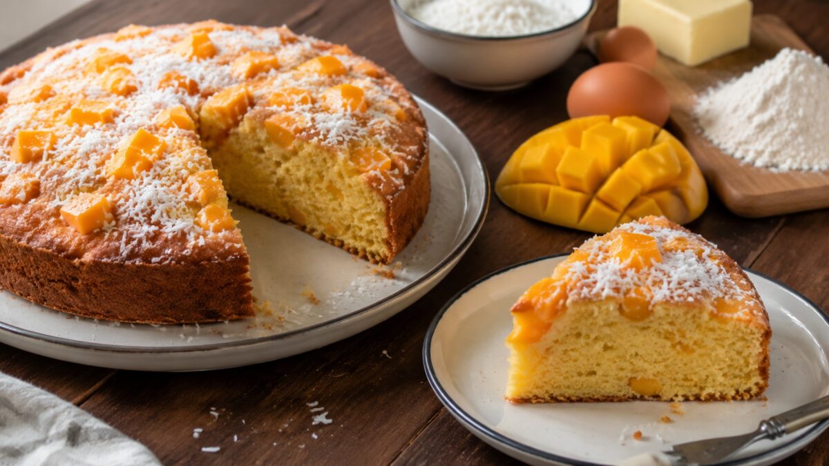 Servierszene mit dem fertigen Gericht. Rezept: Mango-Kokos-Kuchen