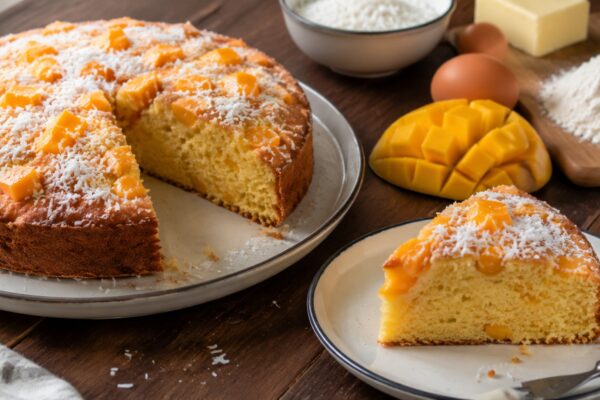 Servierszene mit dem fertigen Gericht. Rezept: Mango-Kokos-Kuchen