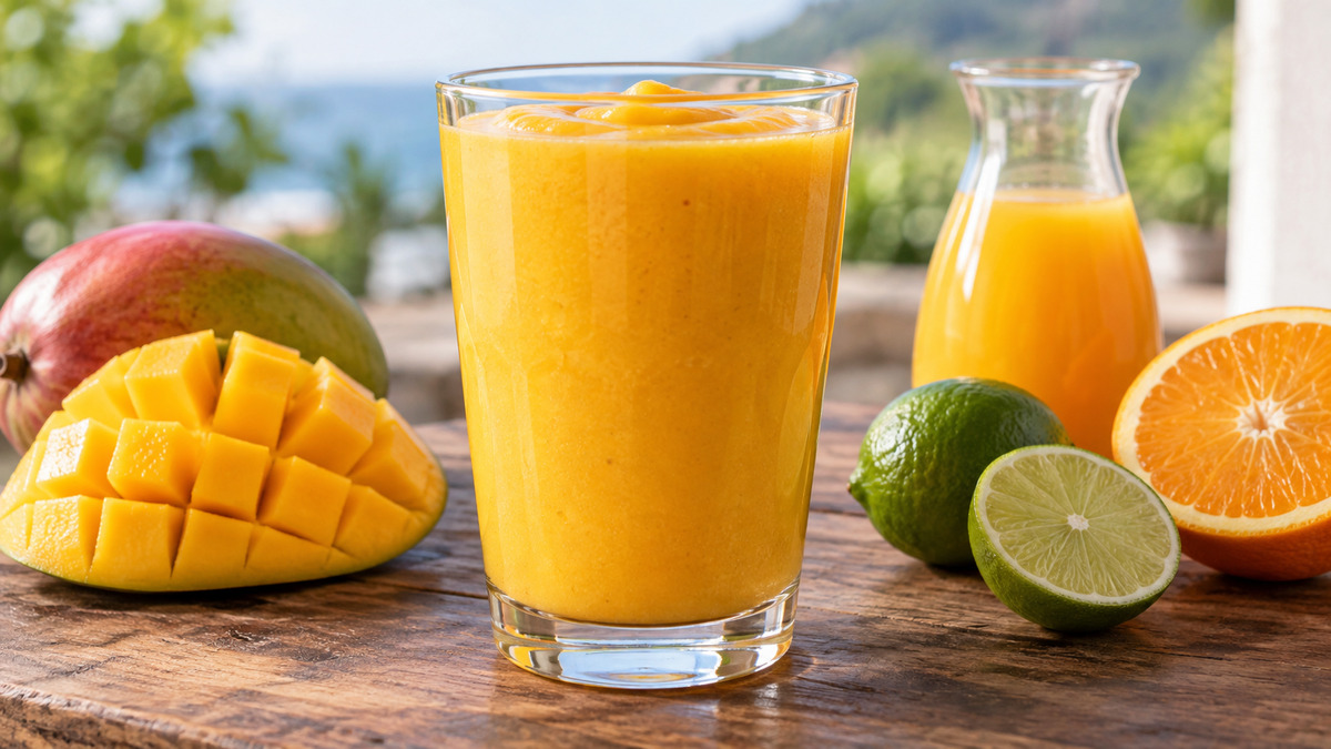 Mango-Limetten-Smoothie: Fertiges Getränk als zentrales Hauptmotiv.