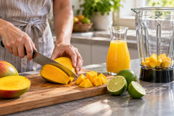 Mango-Limetten-Smoothie: Verwendete Zutaten und nachvollziehbare Vorbereitung.