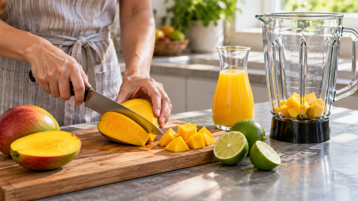 Mango-Limetten-Smoothie: Verwendete Zutaten und nachvollziehbare Vorbereitung.