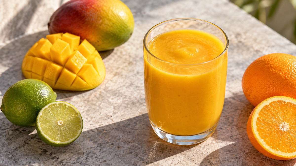 Mango-Limetten-Smoothie: Fertiges Getränk aus einer alternativen Perspektive.