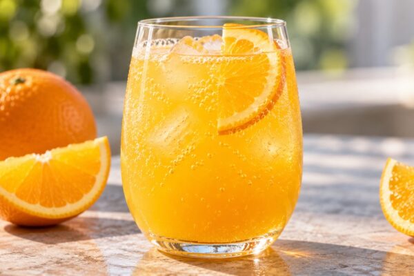 Maracuja-Orangen-Spritz: Fertiges Getränk als zentrales Hauptmotiv.