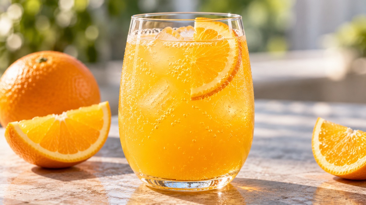 Maracuja-Orangen-Spritz: Fertiges Getränk als zentrales Hauptmotiv.