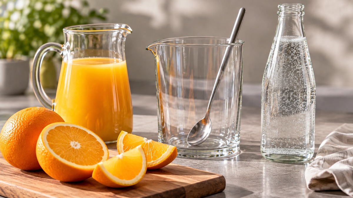 Maracuja-Orangen-Spritz: Verwendete Zutaten und nachvollziehbare Vorbereitung.