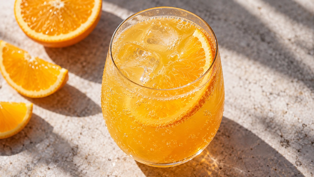 Maracuja-Orangen-Spritz: Fertiges Getränk aus einer alternativen Perspektive.