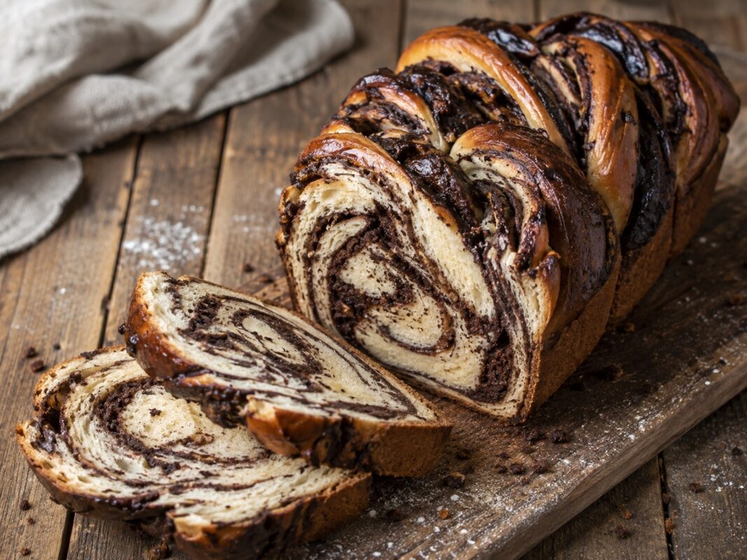 Geflochtener Babka-Kuchen mit marmorierter dunkler Schokoladenfüllung.