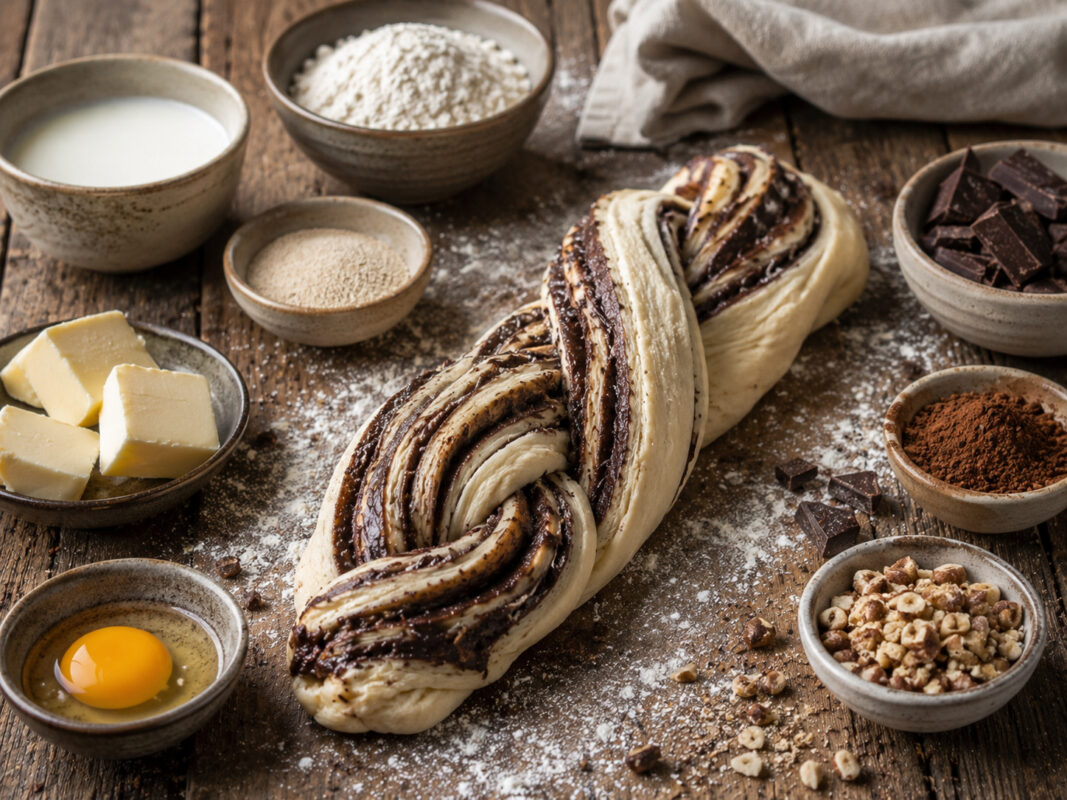 Zutaten- und Vorbereitungsansicht fuer Marmor-Babka mit Schokolade.
