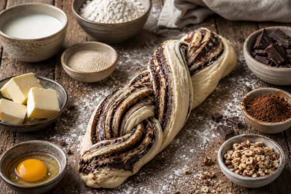 Zutaten- und Vorbereitungsansicht fuer Marmor-Babka mit Schokolade.
